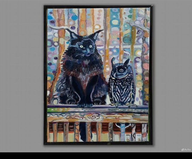 オリジナルアート「黒猫とフクロウ」 油絵 アートワーク オリジナル