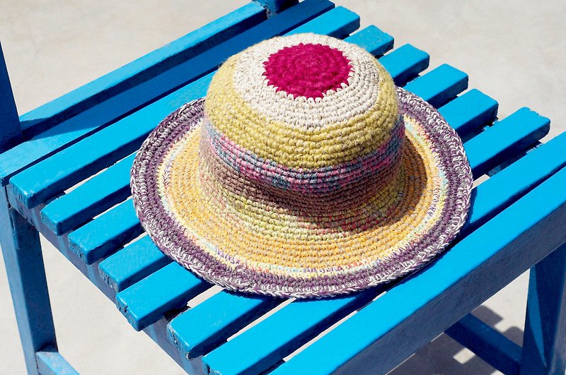 A limited edition hand-woven cotton Linen cap / knit cap / hat / visor / hat - striped red sun - Hats & Caps - Cotton & Hemp Multicolor