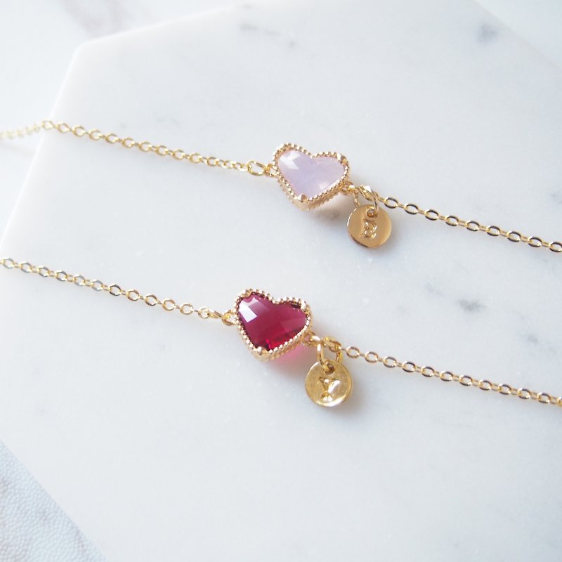 Customized gift letter gold-plated edging heart-shaped glass imitation Gemstone bracelet - Bracelets - Glass Red