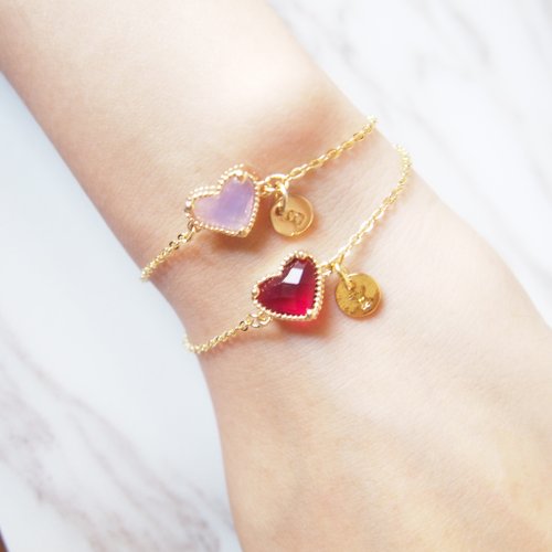 Customized gift letter gold-plated edging heart-shaped glass imitation  Gemstone bracelet - Shop keepitpetite Bracelets - Pinkoi