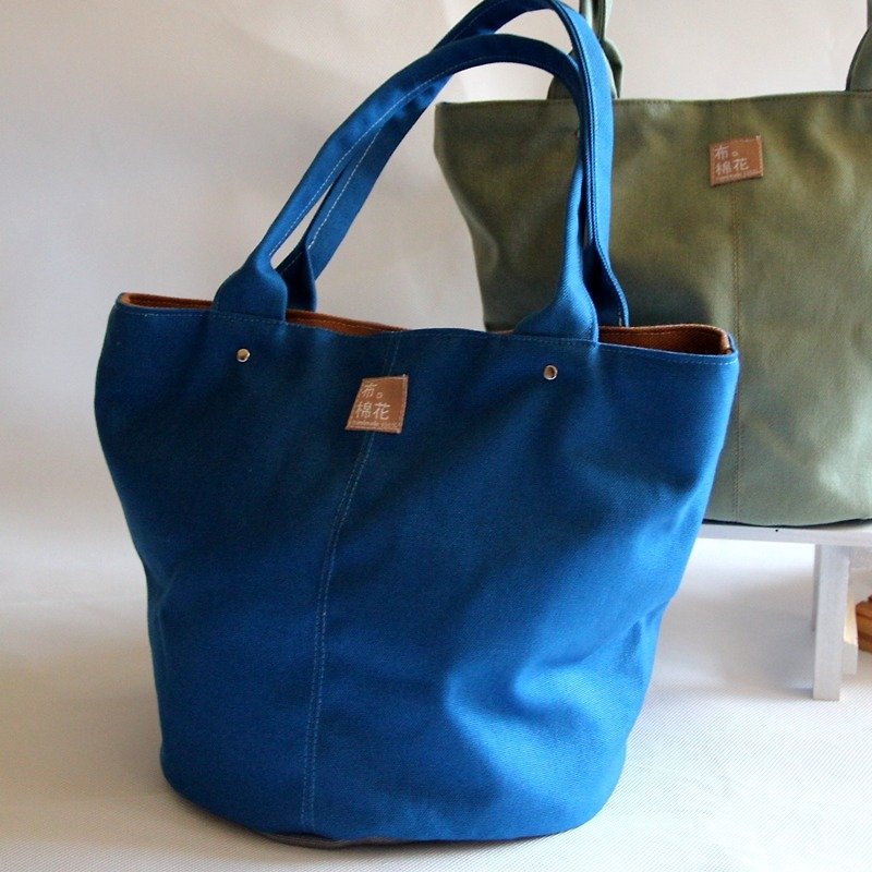Plain canvas cylindrical walking bag, royal blue/turquoise shoulder bag - Handbags & Totes - Cotton & Hemp Blue