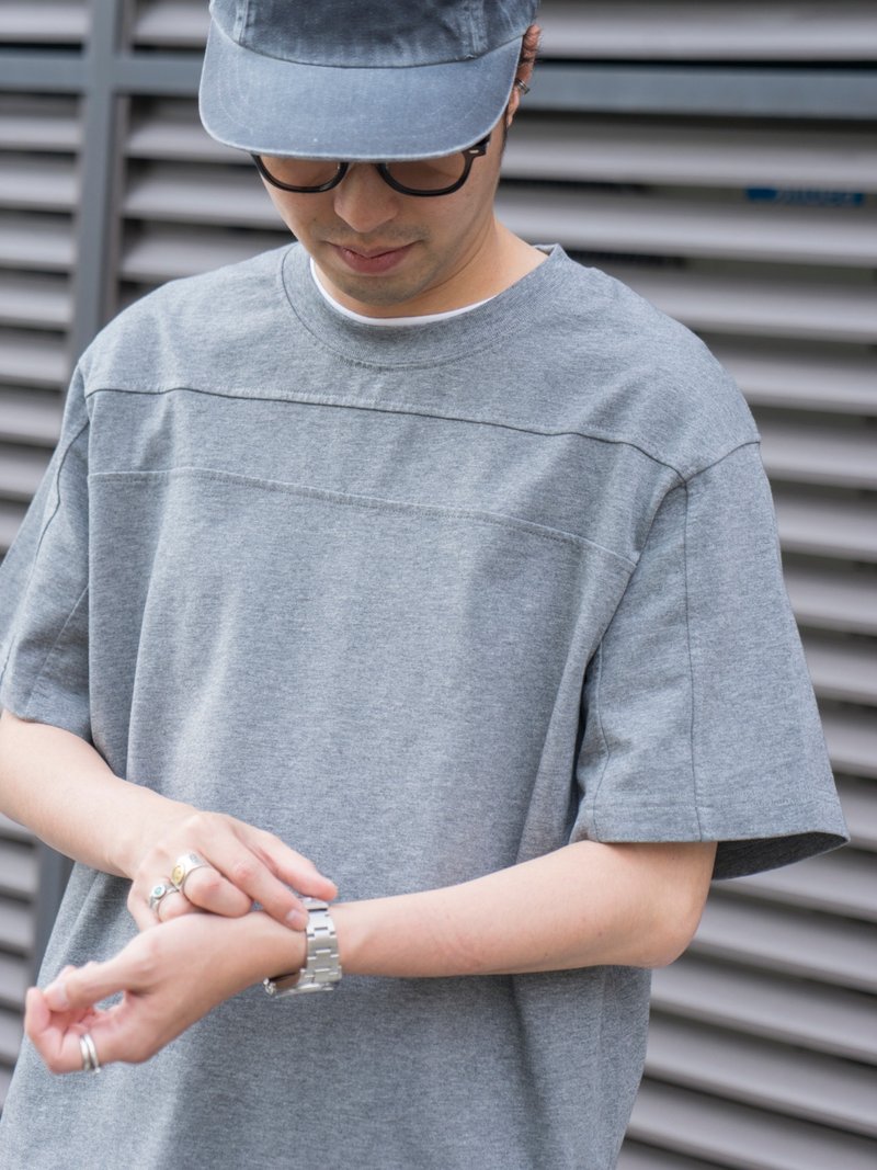 高品質花灰色拼接重磅面料圓領短袖T恤 明顯落肩純色寬松 - 男 T 恤 - 棉．麻 灰色
