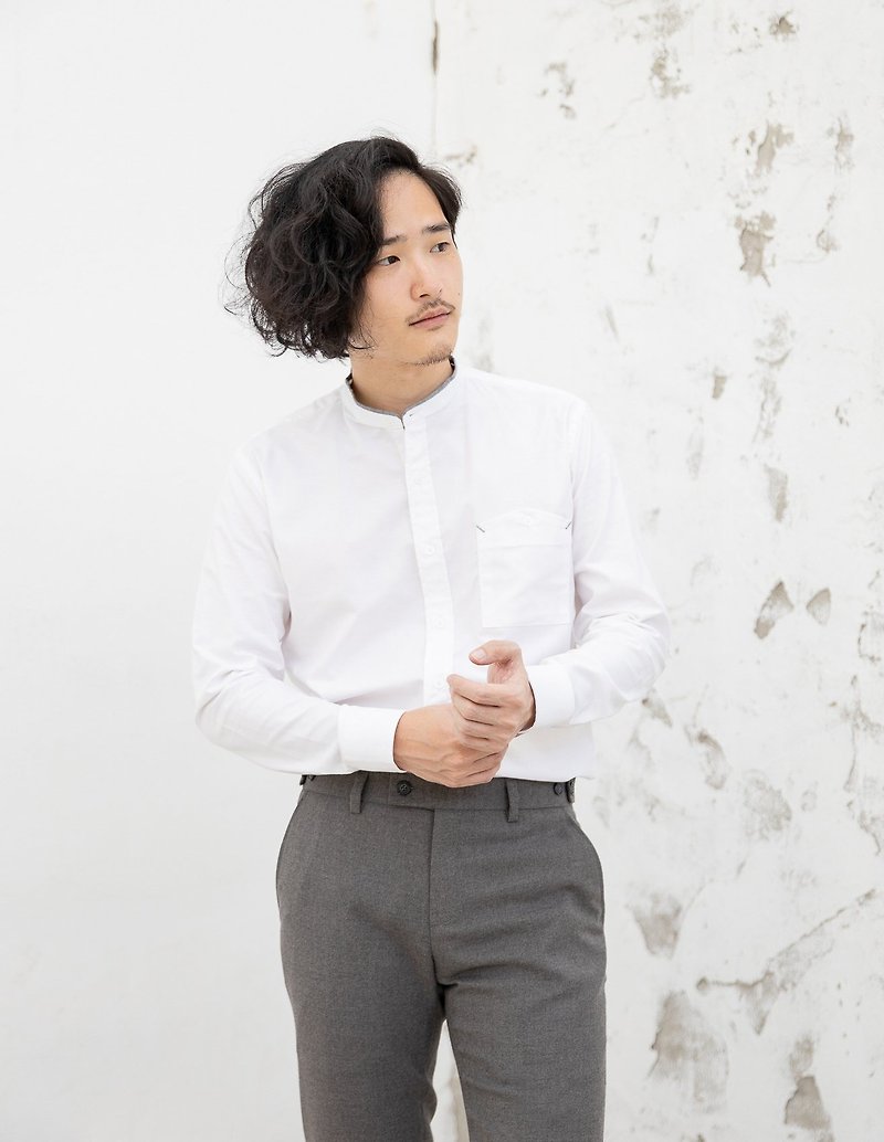 Stand up collar with grey trim shirt - 男裝 恤衫 - 棉．麻 白色