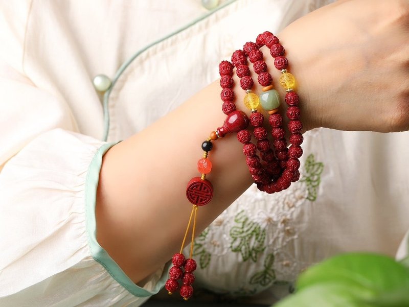 Natural cinnabar fine product, purple gold sand six-word mantra 108 beads bracelet, cinnabar content up to 95% - สร้อยข้อมือ - เครื่องเพชรพลอย 