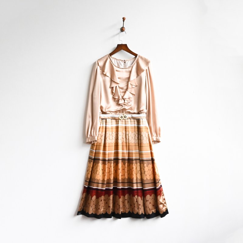 【蛋植物古著】昭和光夕荷葉緞面印花古著洋裝 - 洋裝/連身裙 - 其他人造纖維 