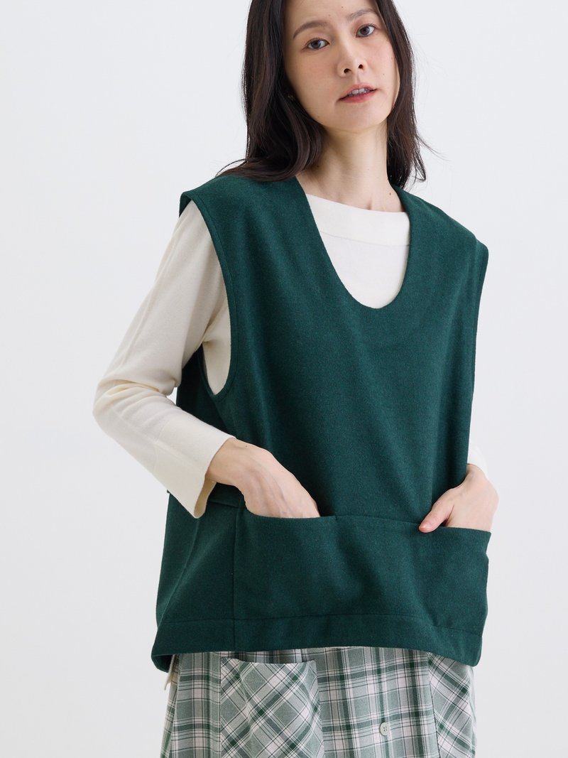 奈特隱形口袋U領罩衫-夜綠 - 背心/無袖上衣 - 羊毛 綠色