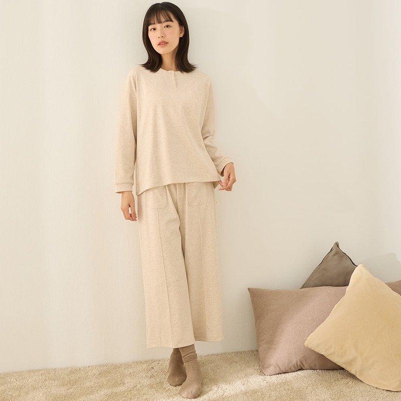 圓領半開襟螺紋柔軟套裝-共2色 - 睡衣/居家服 - 棉．麻 多色