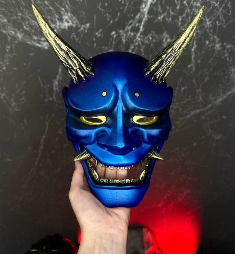 Japanese Hannya Mask, Blue Oni mask, Samurai mask Wearable, Demon mask - 口罩/口罩收納套 - 樹脂 藍色