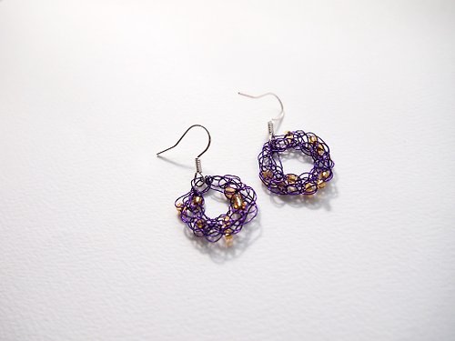 Just Knitting E052訂製可愛人手編織紫色銅線甜甜圈形耳環