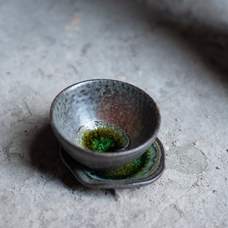 波光粼粼系列 - 茶杯 杯托套組 - 手拉坏 茶具 手作陶藝 - 碟子/醬料碟 - 陶 綠色