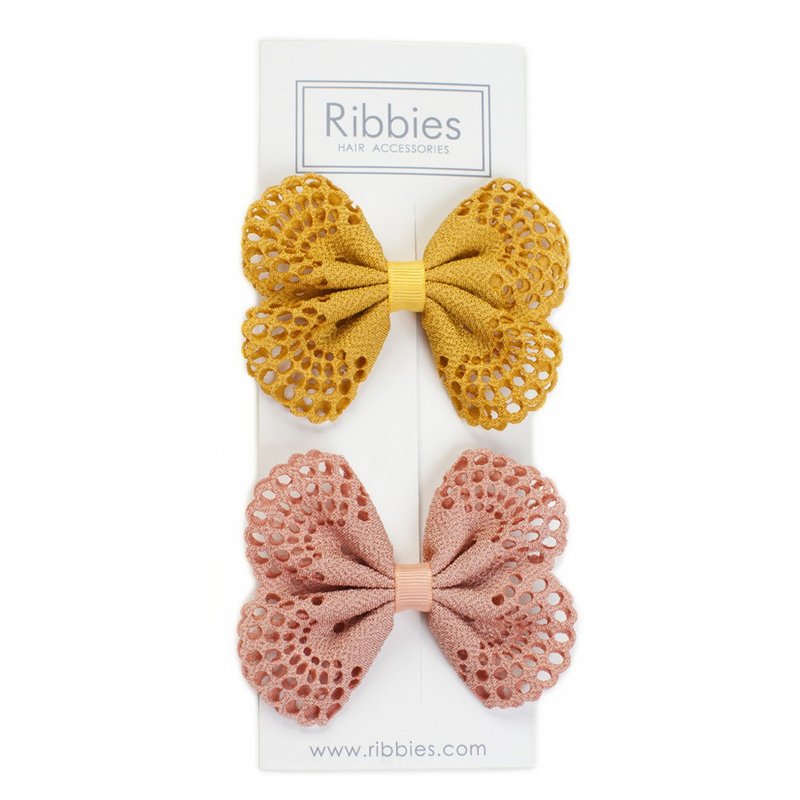 英國Ribbies 典雅洞洞蝴蝶結髮夾(2入)-黃/玫瑰粉 蝴蝶結 - 髮夾/髮圈 - 聚酯纖維 