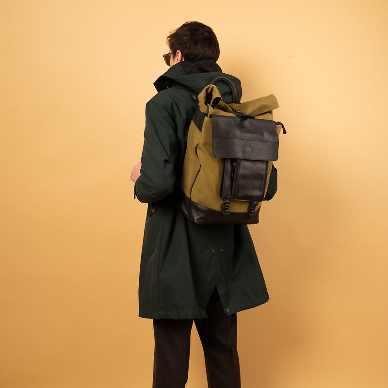 Big Travel Backpack Roll Top made from Leather & waterproof canvas - Backpacks - Cotton & Hemp Khaki