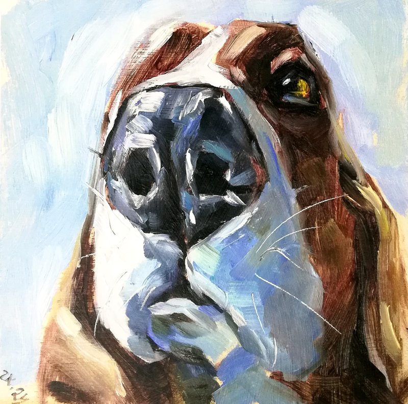 Dog Original Oil Painting Pet Portrait Funny Animals Basset Hound Made to Order - 海報/掛畫/掛布 - 其他材質 多色
