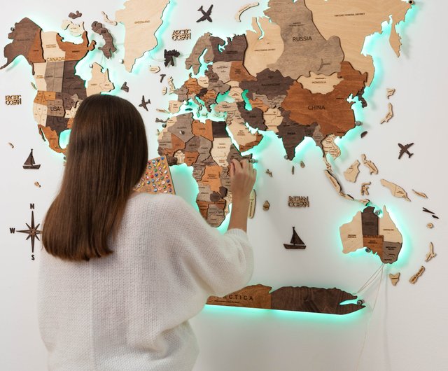 木製世界地図、プッシュピン付きLED世界地図、ロフト装飾、壁装飾