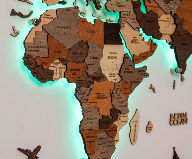 木製世界地図、プッシュピン付きLED世界地図、ロフト装飾、壁
