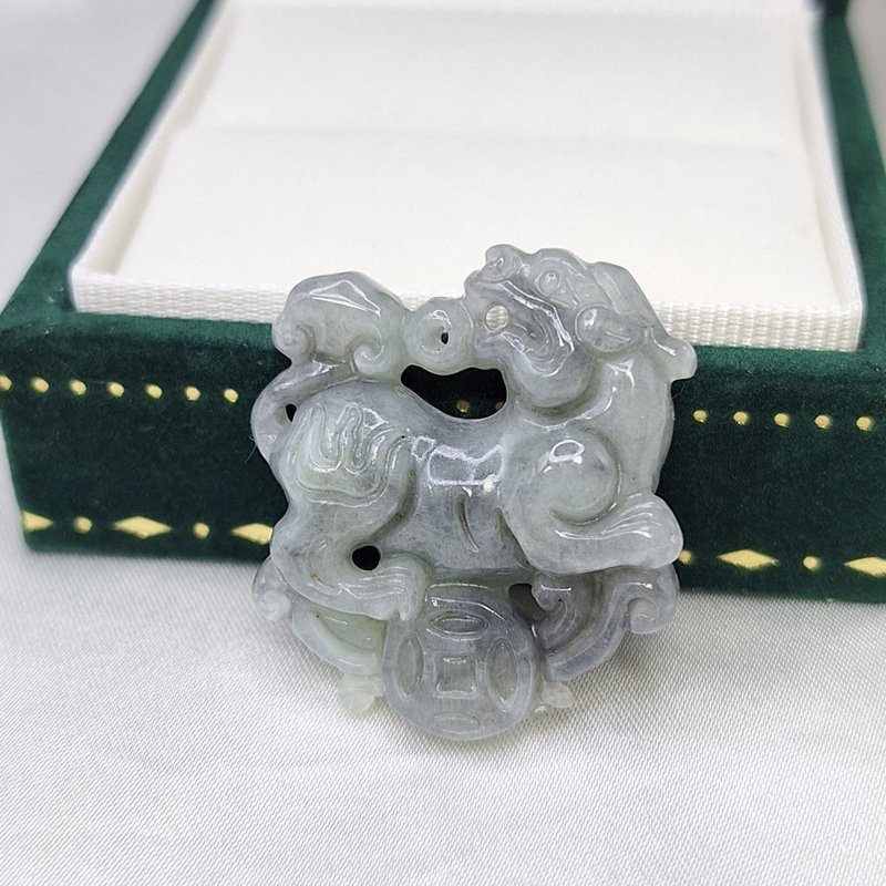 冰膠 烏雞 如意銅錢 貔貅吊墜 | 天然緬甸玉A貨翡翠 - 項鍊 - 玉石 