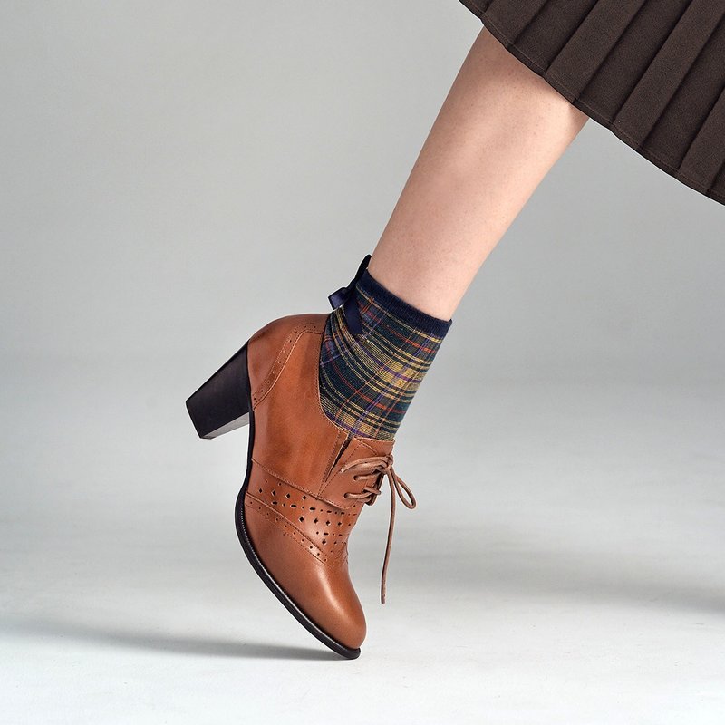 Plaid Window Oxford Ankle Boots - Qingtianmu - รองเท้าบูทสั้นผู้หญิง - หนังแท้ สีนำ้ตาล