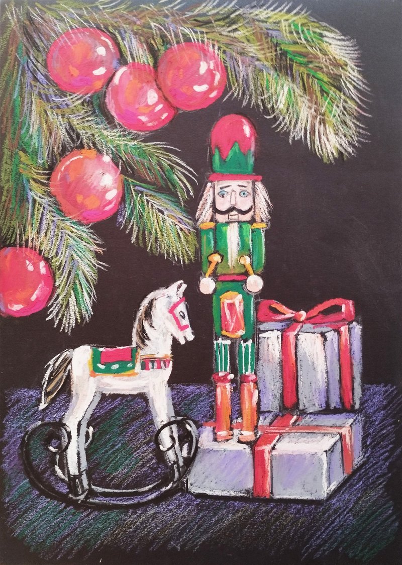 Nutcracker New Year's composition oil pastel painting drawing art living room - ตกแต่งผนัง - กระดาษ สีแดง