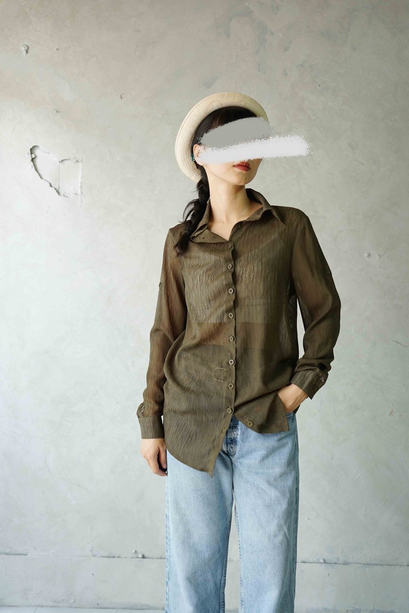 尋寶古著-設計感軍綠色透膚皺皺感雪紡襯衫 - 女襯衫 - 聚酯纖維 綠色