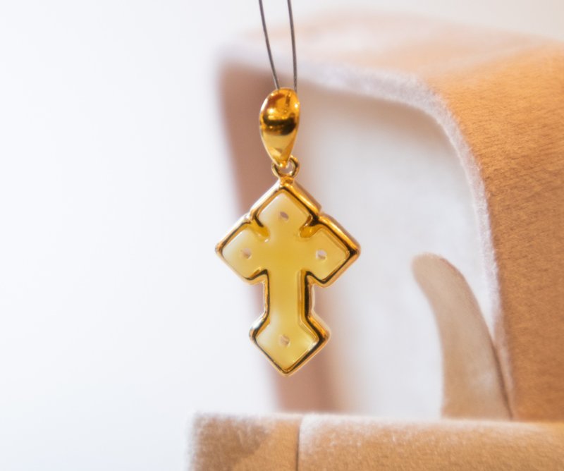 925 silver AMBER cross pendant necklace - สร้อยคอ - เครื่องเพชรพลอย สีทอง