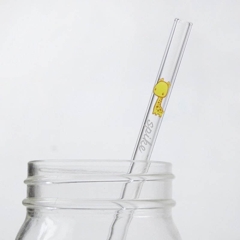 含玻璃雕刻刻字 20cm(口徑0.8cm)平口 長頸鹿玻璃吸管(附贈小刷) - 杯袋/飲料提袋 - 玻璃 黃色