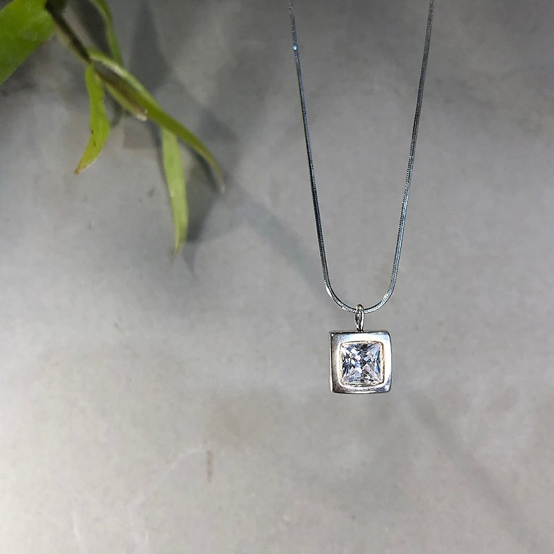 Silver Pendant With Square Shape Cubic Zirconium. Handmade and unique. - สร้อยคอ - เงินแท้ 
