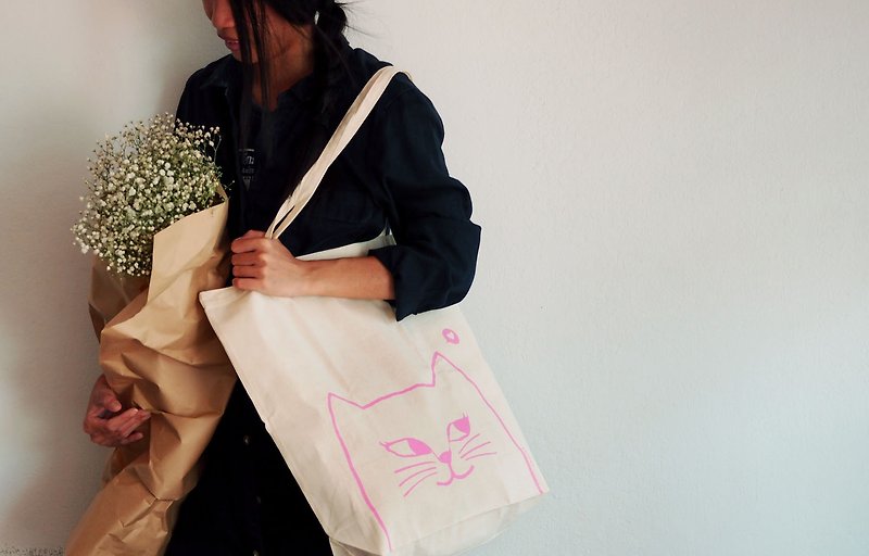 กระเป๋าลายแมวชมพู - กระเป๋าถือ - ผ้าฝ้าย/ผ้าลินิน สึชมพู