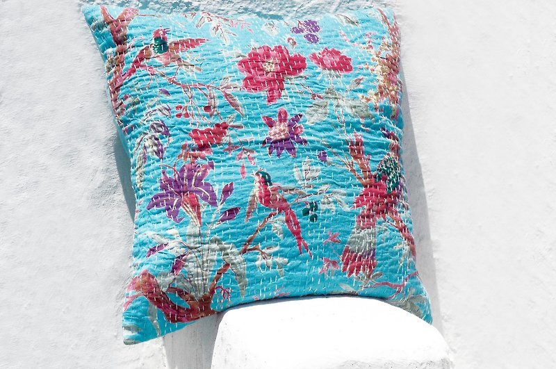 Flower Embroidered Pillow Case / Cotton Pillow Case / Printed Pillow Case / Ethnic Wind Pillow Case - Blue Flowers and Birds - Pillows & Cushions - Cotton & Hemp Blue