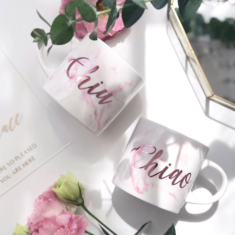 [Customized] 2 cups-pink marbled rose gold mug wedding birthday mother's day gift - Cups - Porcelain Pink