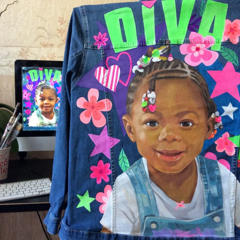 Custom Portrait jacket Painted Denim Jacket Handmade jacket - 女大衣/外套 - 棉．麻 多色
