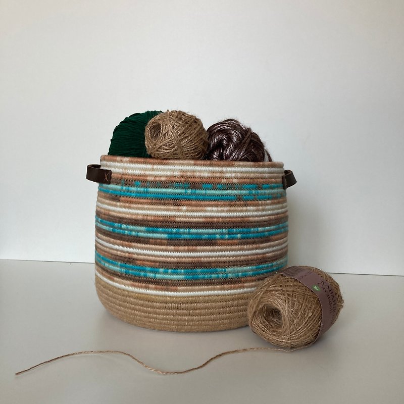 Rope Basket with leather handles 21 cm x 24 cm Storage organizer - Storage - Cotton & Hemp Blue