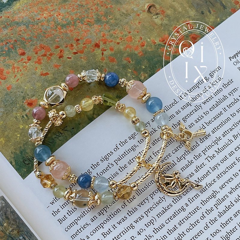 Double circle crystal bracelet. The Wonderful Fairy in the Garden丨Rose Quartz + Aquamarine + Stone丨Customized - Bracelets - Crystal Green