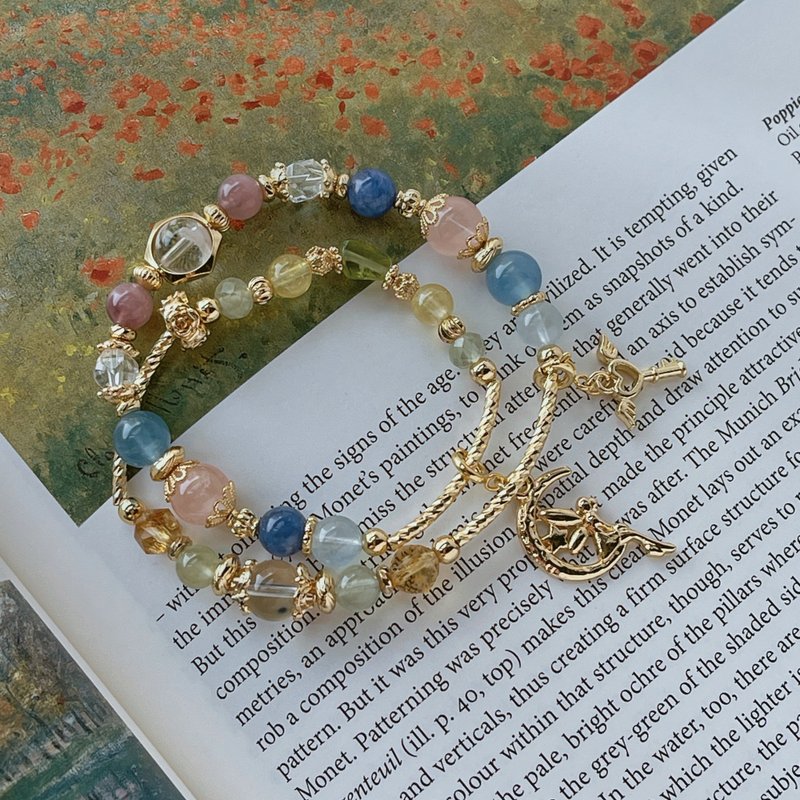 Double circle crystal bracelet. The Wonderful Fairy in the Garden丨Rose Quartz + Aquamarine + Stone丨Customized - สร้อยข้อมือ - คริสตัล สีเขียว