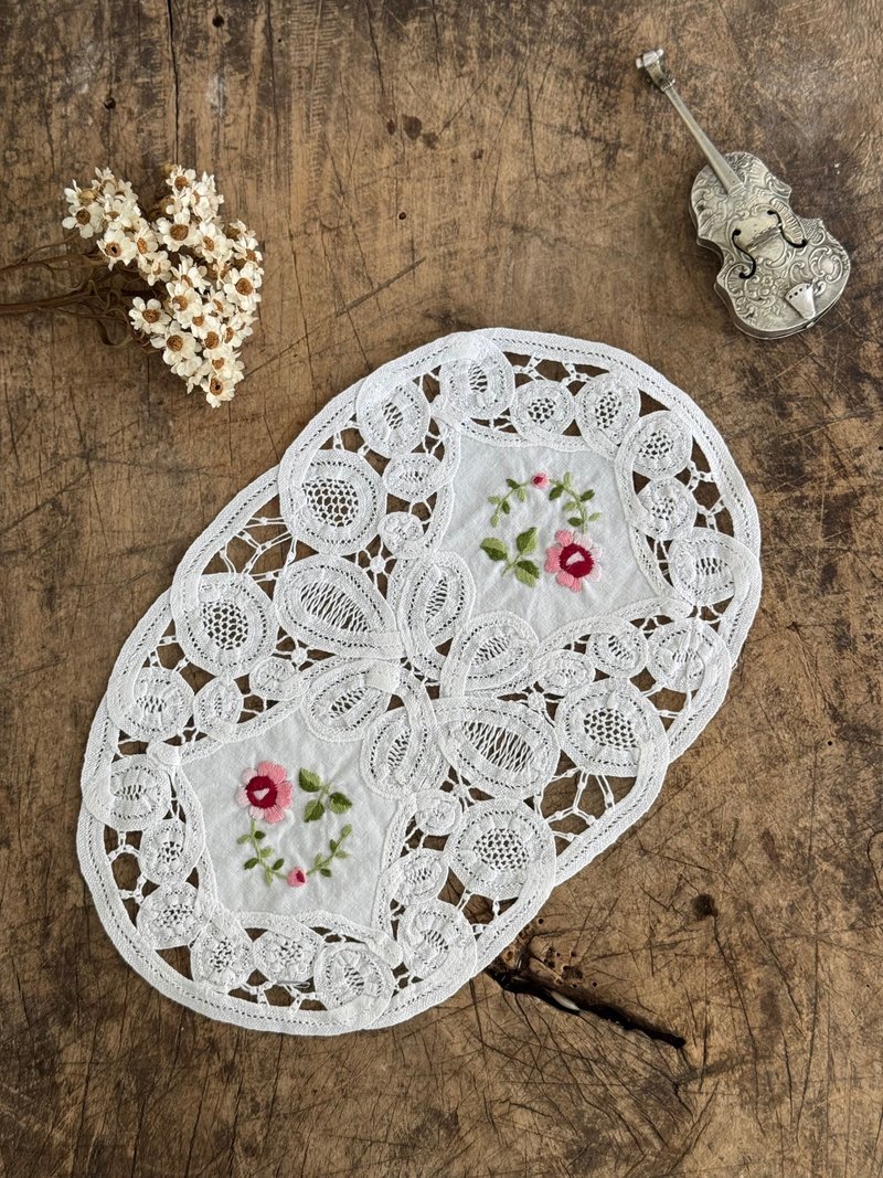 40855-Elegant French antique handmade embroidered colorful floral lace placemate - Place Mats & Dining Décor - Cotton & Hemp 