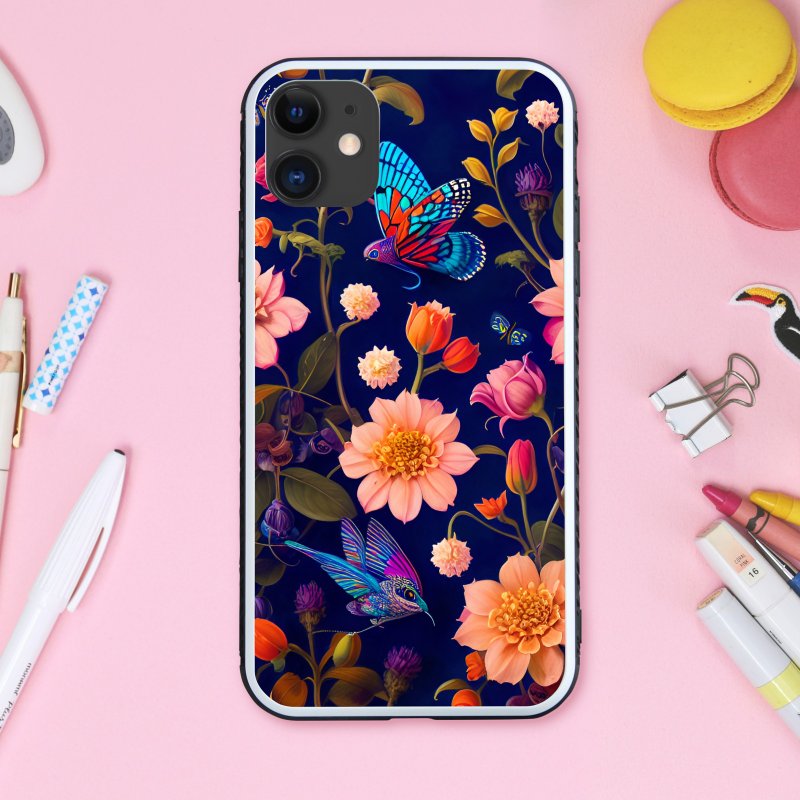 Mysterious butterfly-like bird smartphone case with colorful and vibrant Nordic flower lover patterns [Tempered glass finish] Compatible with iPhone 15 - เคส/ซองมือถือ - พลาสติก หลากหลายสี