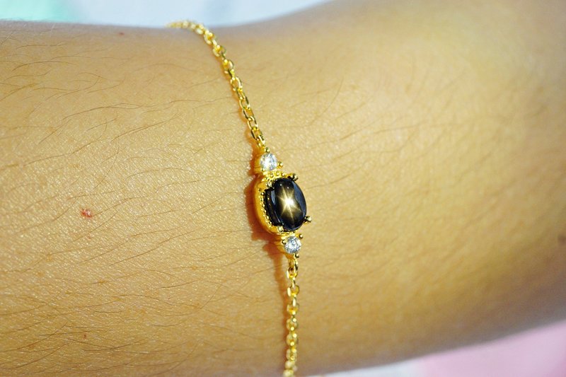 Natural Black Star Sapphire Bracelet Sterling Silver 925 With Gold Plated. - Bracelets - Sterling Silver Black