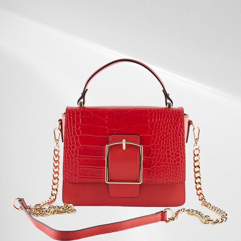 [Made in Italy] Illinois leather embossed gold buckle chain square bag - Handbags & Totes - Genuine Leather Red