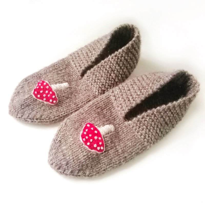 Hand-Knit Mushroom Embroidered Socks-Slippers for Women, Merino and Alpaca Wool - รองเท้าแตะ - ขนแกะ 