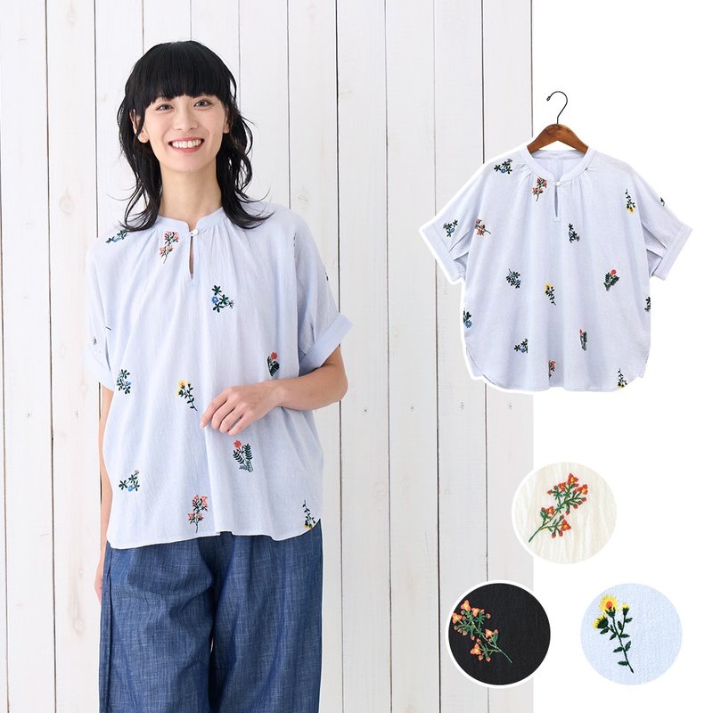 【預訂】印度製 花草刺繡短袖襯衫 - 女上衣/長袖上衣 - 棉．麻 藍色