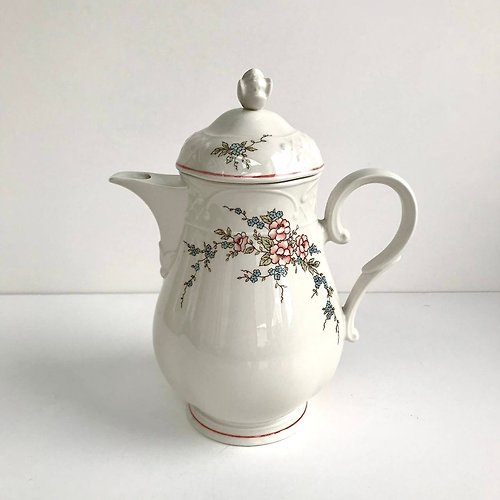 HappyDuckVintage Villeroy 和Boch 玫瑰花茶壺 |瓷茶壺與粉紅色 藍色花朵|復古維