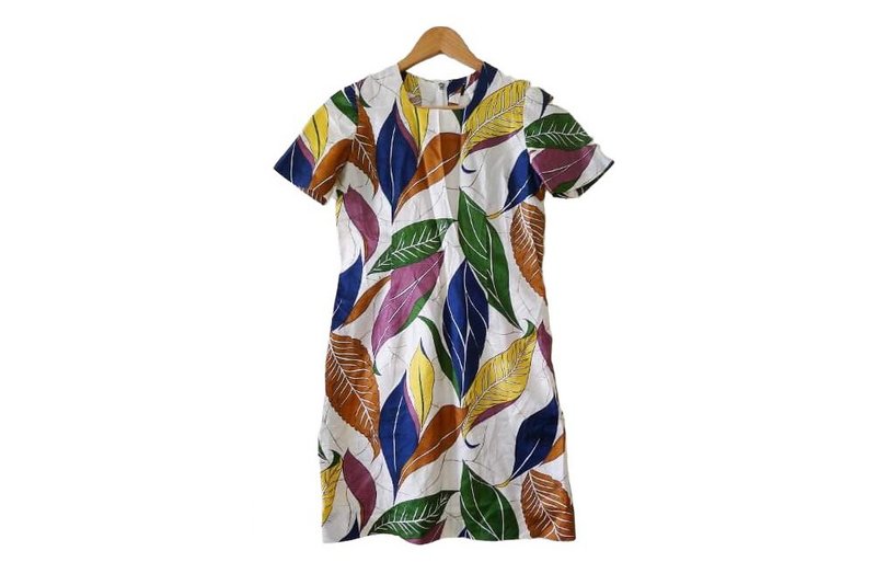 70s Vintage Handmade Silky mini Dress, colorful leaf printed sun dress - 洋裝/連身裙 - 聚酯纖維 多色