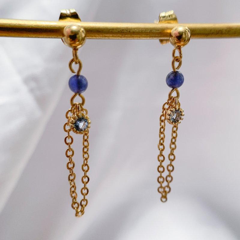 手製藍紋石小圓珠配海藍色鋯石鏈條耳環 - Light Odeta Earrings - 耳環/耳夾/耳骨夾 - 不鏽鋼 藍色
