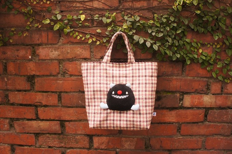 Forest primary double-sided bag - pink plaid - กระเป๋าถือ - ผ้าฝ้าย/ผ้าลินิน สึชมพู