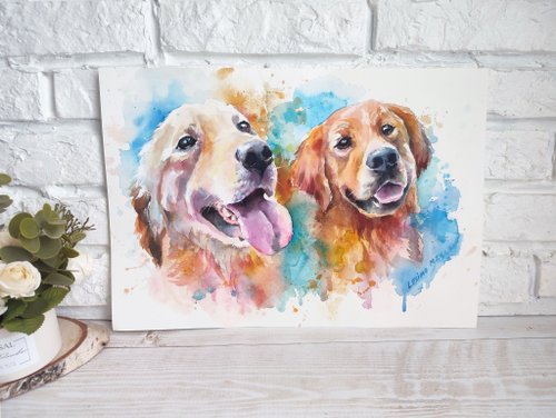 犬の肖像画水彩画 ペットの肖像画 カラフルな動物アート - ショップ