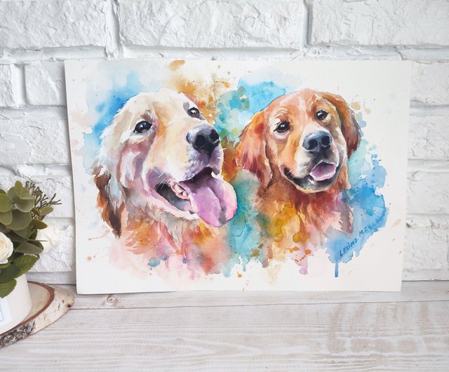 犬の肖像画水彩画 ペットの肖像画 カラフルな動物アート