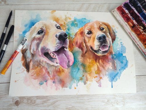 犬の肖像画水彩画 ペットの肖像画 カラフルな動物アート