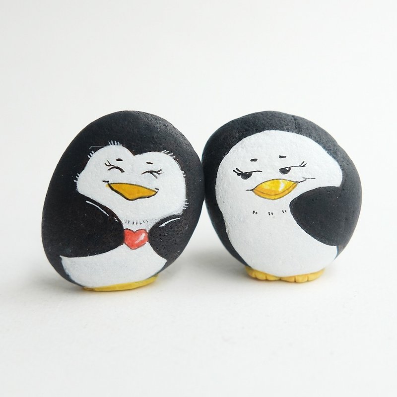 Penguin couple stone painting,valentine gift, - Stuffed Dolls & Figurines - Stone White