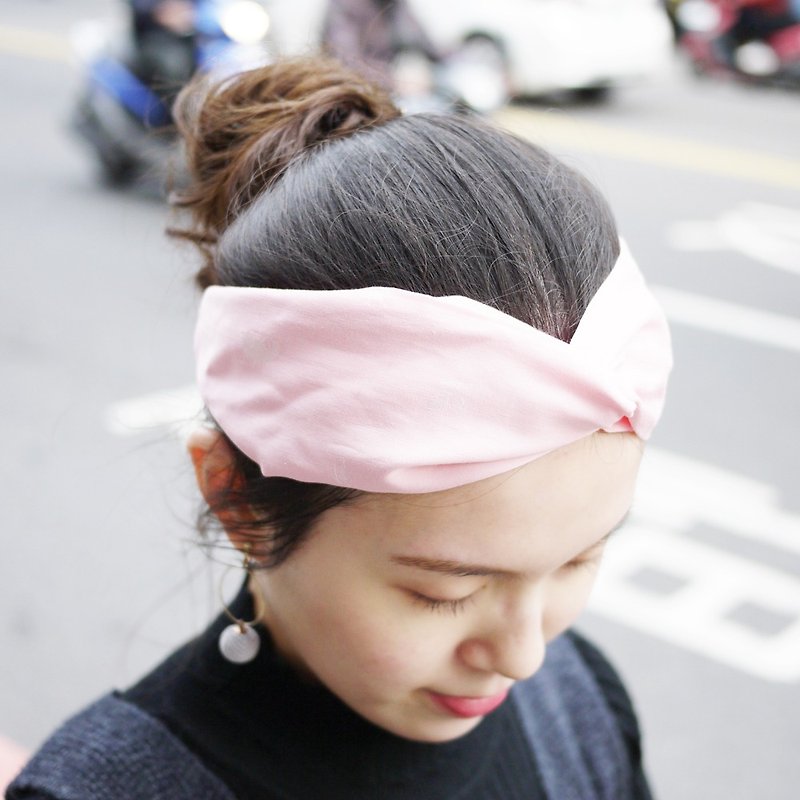 天絲交叉鬆緊寬版髮帶－櫻花粉 - 髮夾/髮飾 - 棉．麻 粉紅色