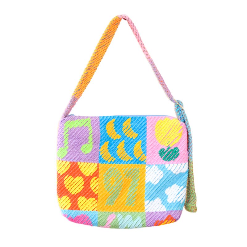 Fluffy patchwork shoulder bag 97/Yellow Slash quilt - Messenger Bags & Sling Bags - Cotton & Hemp Multicolor