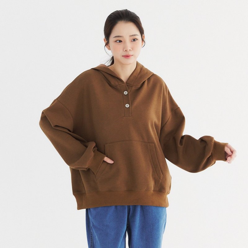 【Simply Yours】Hooded Big Pocket Drop Shoulder Hat T Coffee F - เสื้อฮู้ด - ผ้าฝ้าย/ผ้าลินิน สีนำ้ตาล